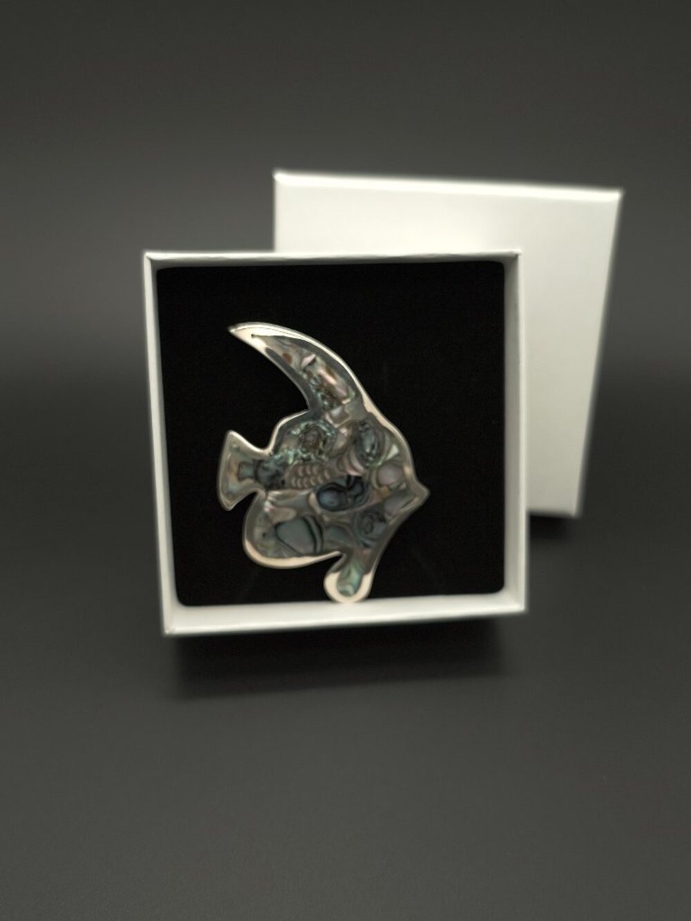 Vintage Alpaca Silver Angel Fish W/ Colorful Inlaid Abalone Shell Brooch